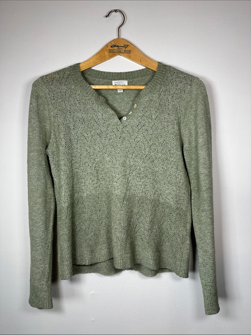 Market & Spruce Henley Sweater Pointelle Knit Size M Sage Green Preppy Fall Cozy